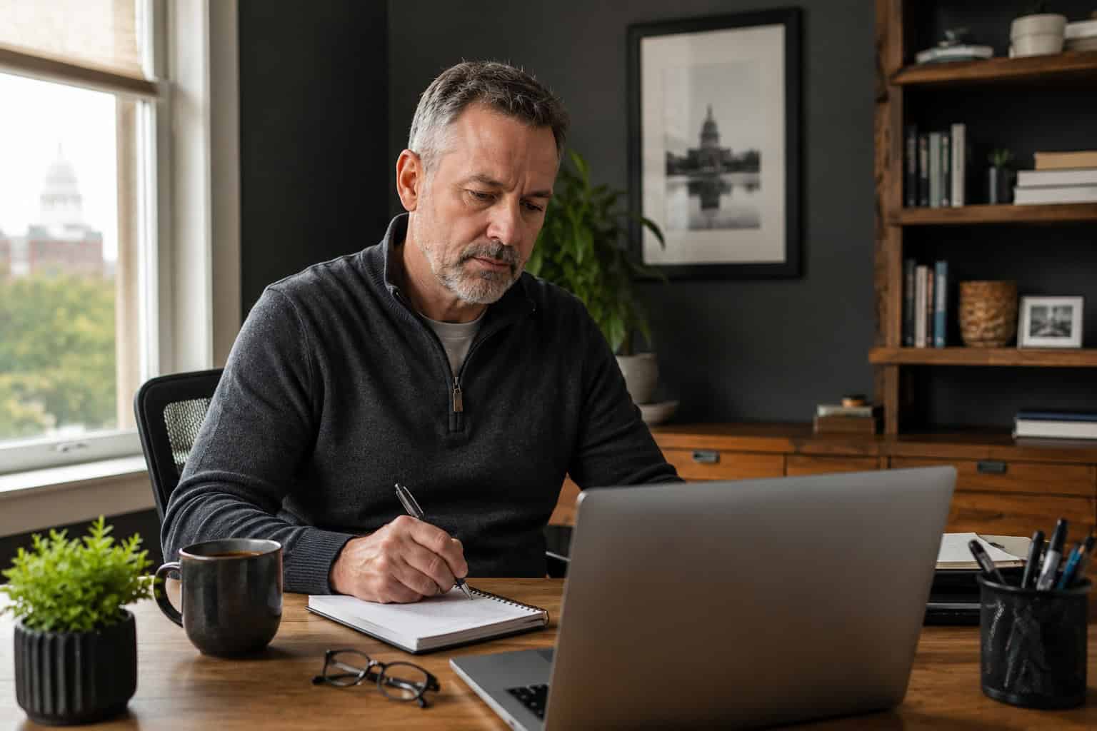 Alt: A person in a Lansing home office comparing Michigan health insurance companies on a laptop.