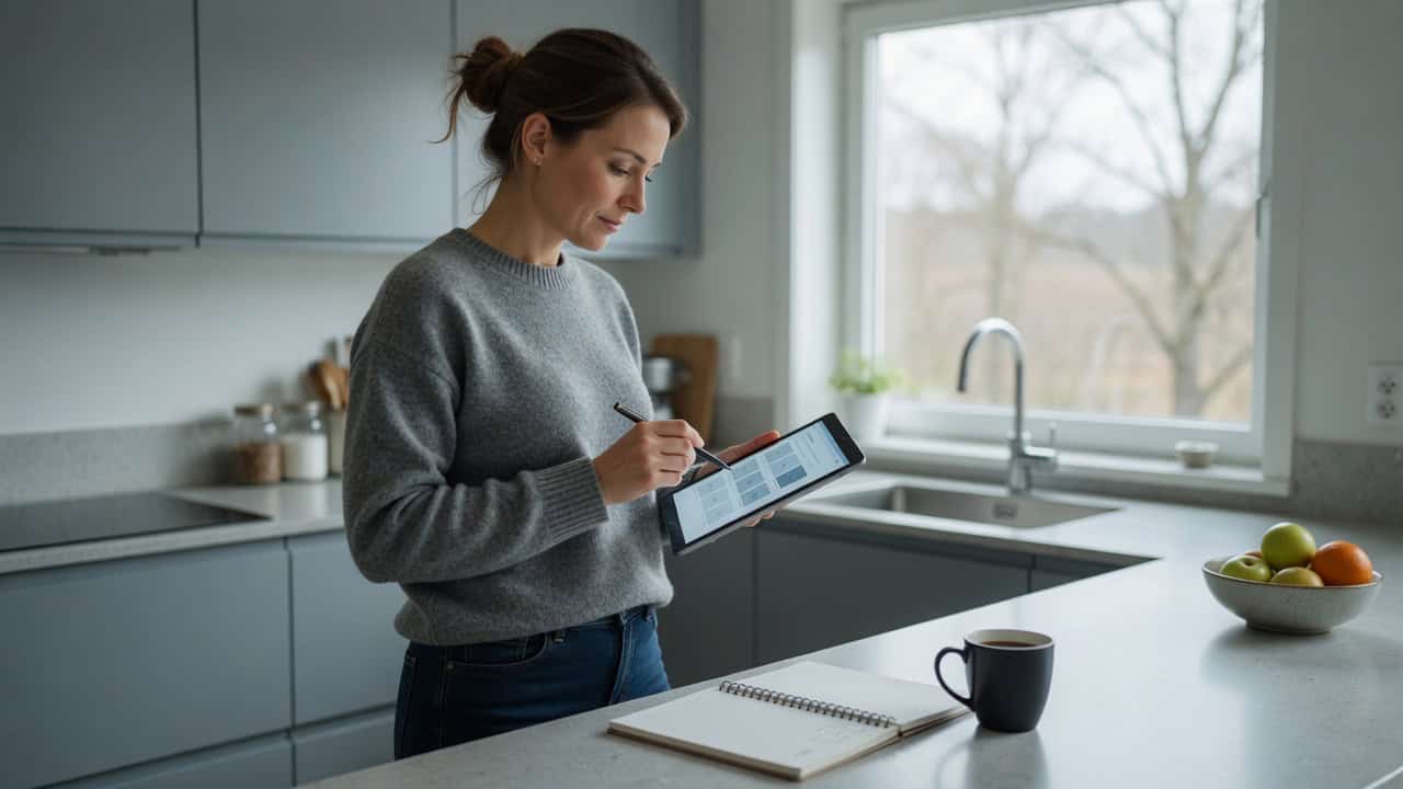 Alt: A woman at her kitchen counter in Traverse City reviewing individual health insurance options on a tablet.