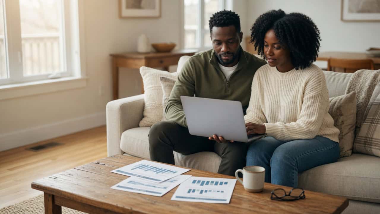 Alt: A couple at home in Grand Rapids comparing Michigan health insurance plans on a laptop.