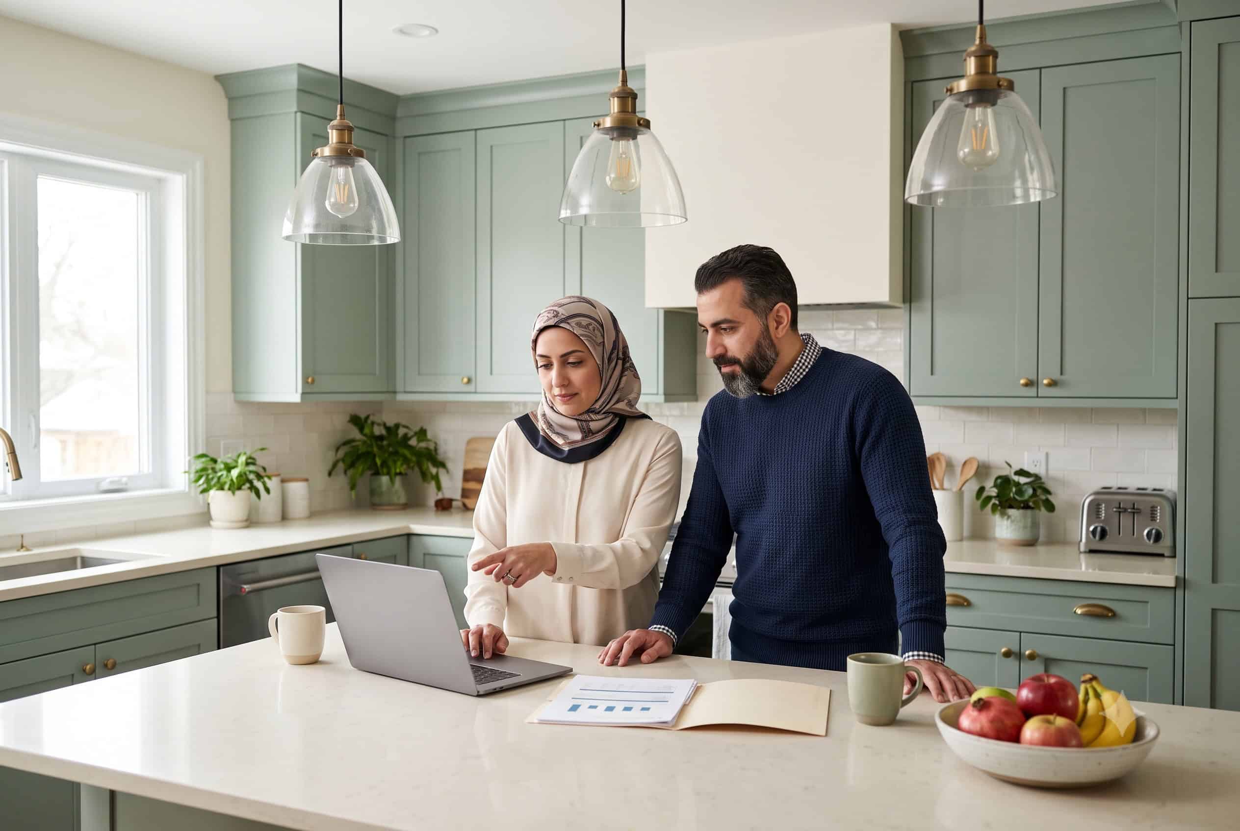 Alt: A couple at their kitchen island in Dearborn reviewing private off-exchange health plan options on a laptop.