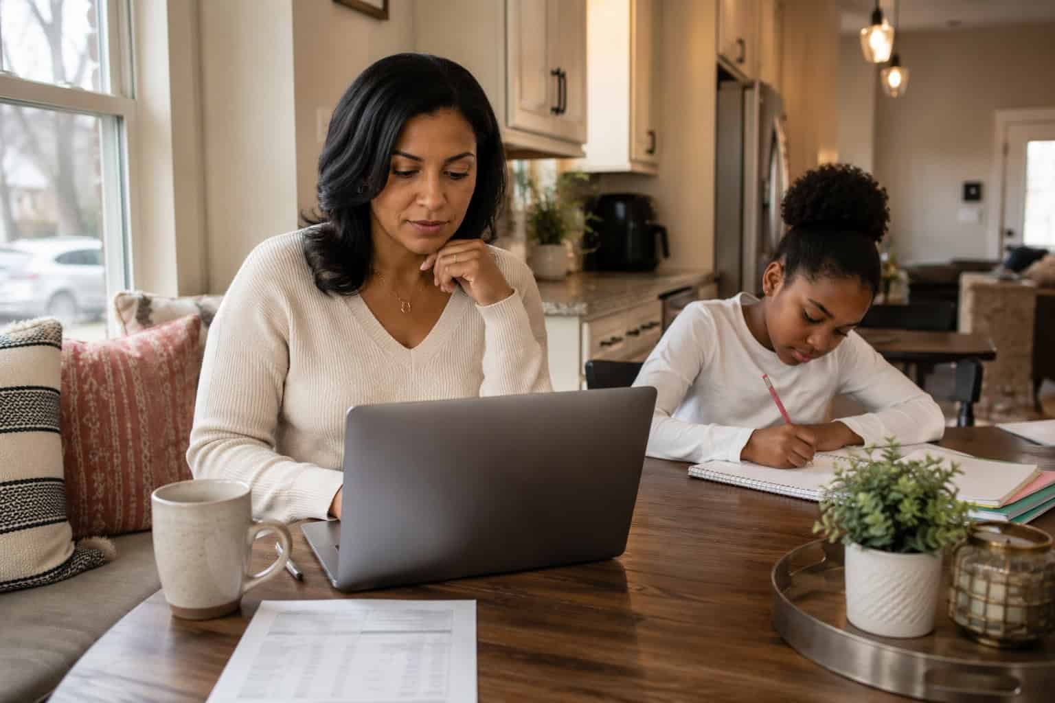 Alt: Comparing health insurance quotes in Michigan on a laptop at home in Flint.