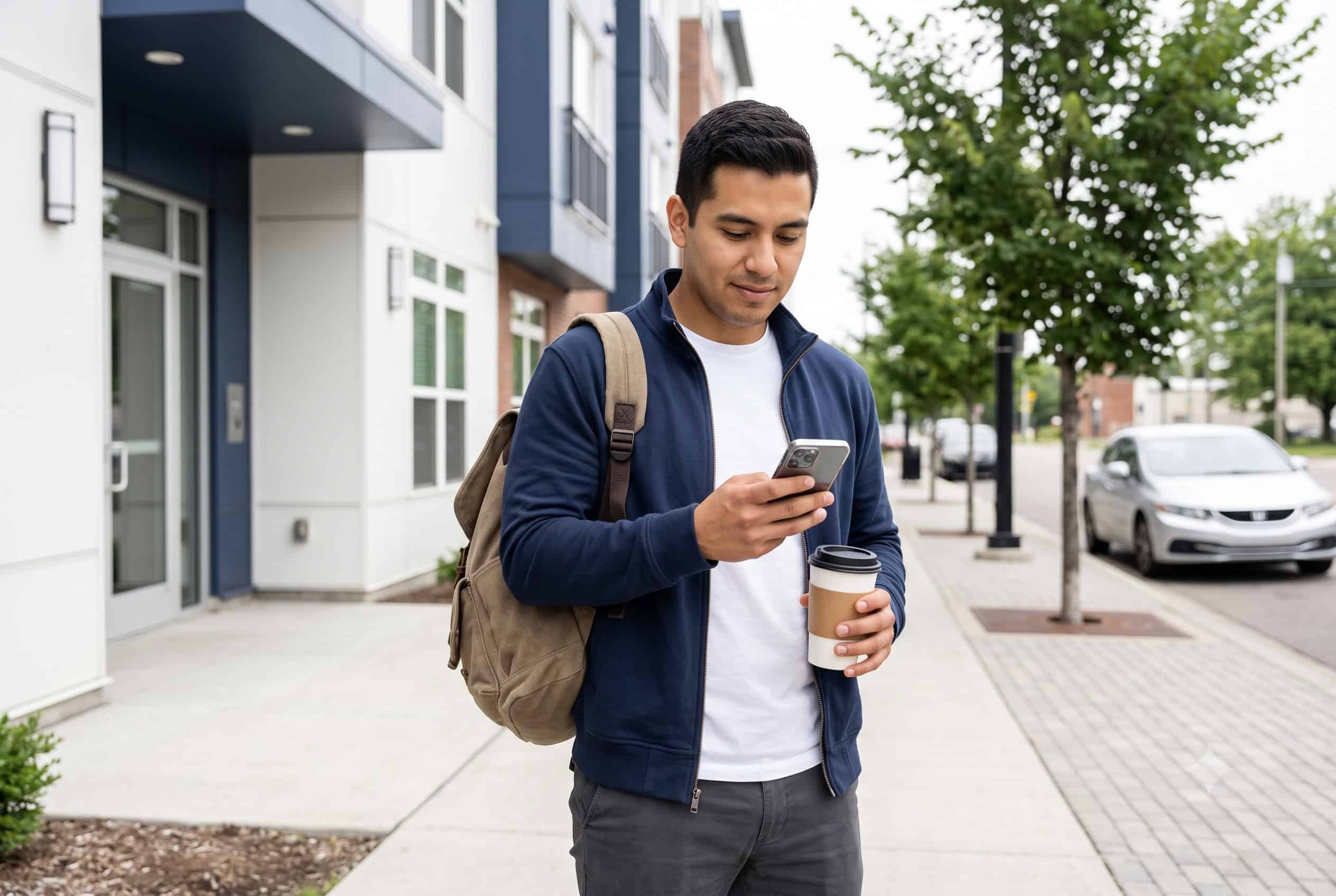 Alt: A young man outside a Detroit apartment building checking short-term coverage options on his phone.