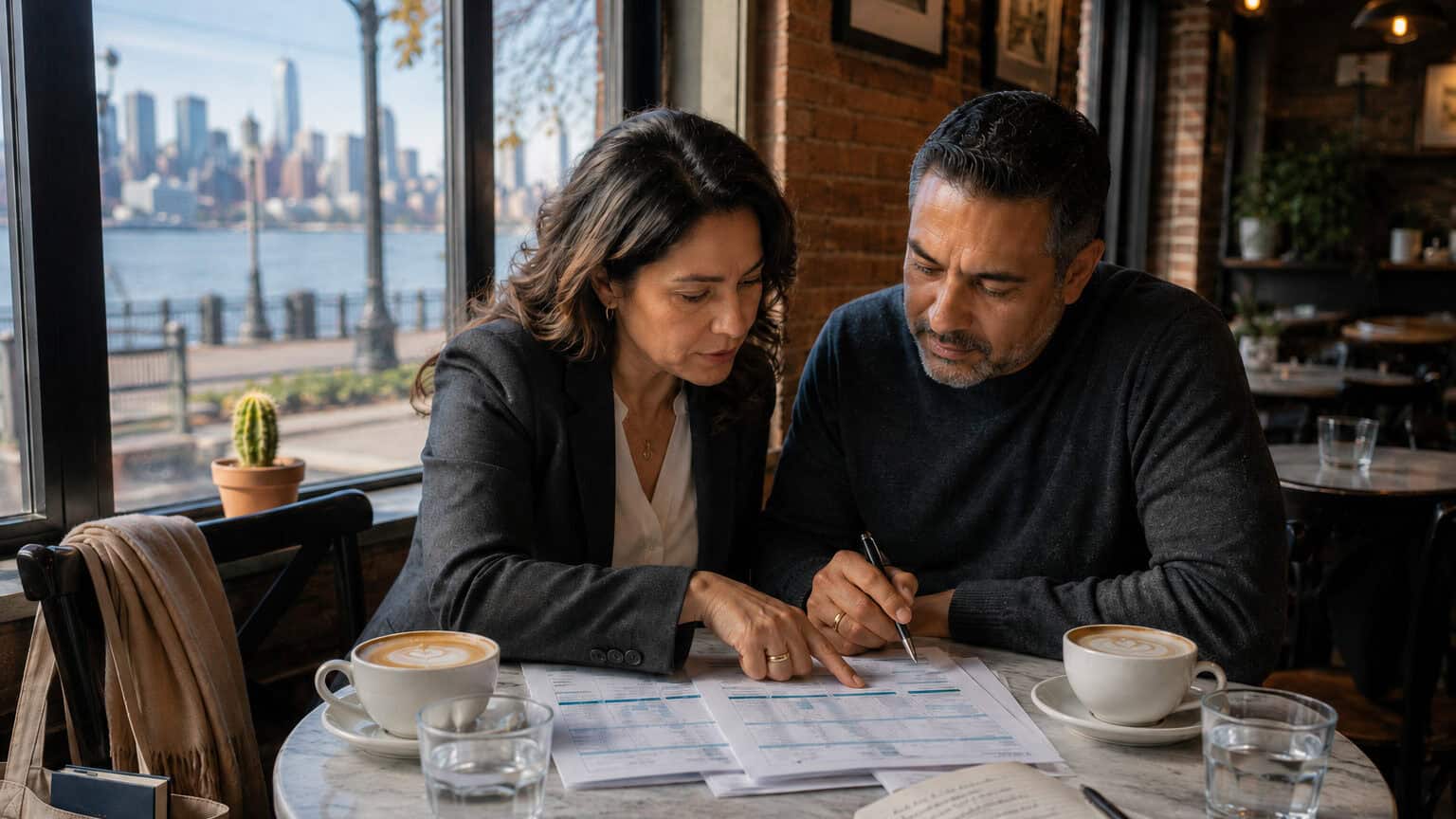 Alt: Latina couple in their late 40s reviewing 2026 New Jersey health insurance plan options at a Hoboken cafe table