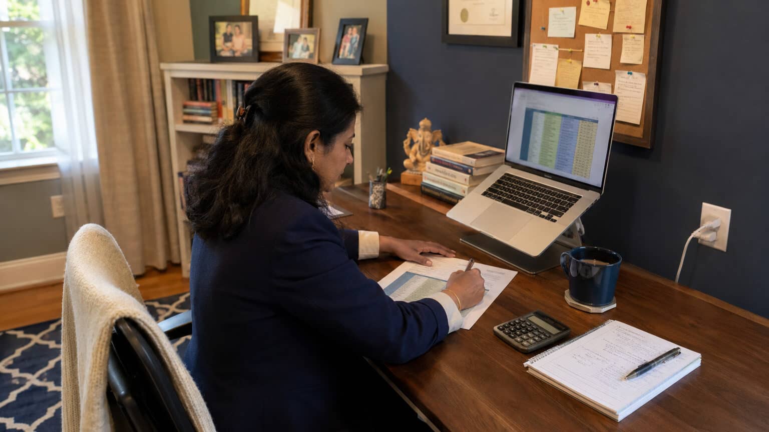 Alt: South Asian woman in her early 40s at an Edison home office desk comparing 2026 individual health insurance options on a laptop