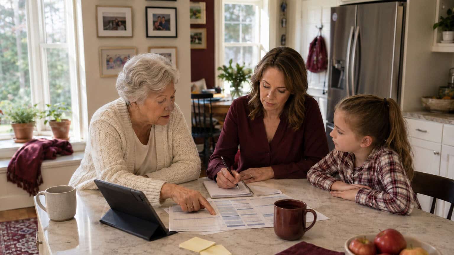 Alt: New Jersey multigenerational family at a Princeton kitchen island reviewing 2026 GetCoveredNJ plans together