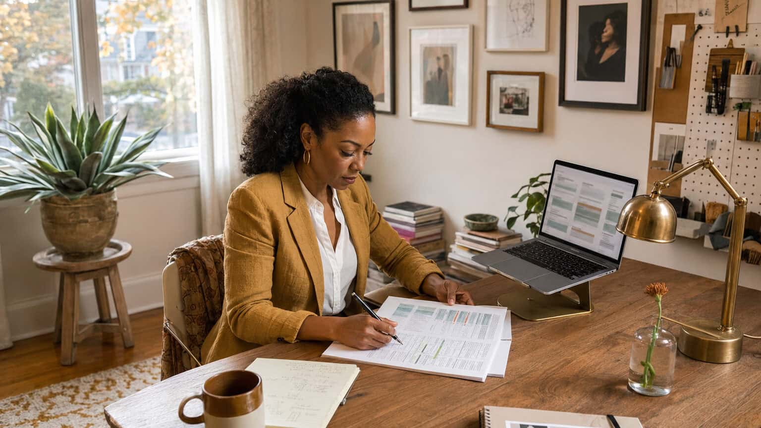 Alt: Black woman in her late 30s at a Montclair home studio desk reviewing 2026 NJ self-employed health insurance and tax options on a laptop