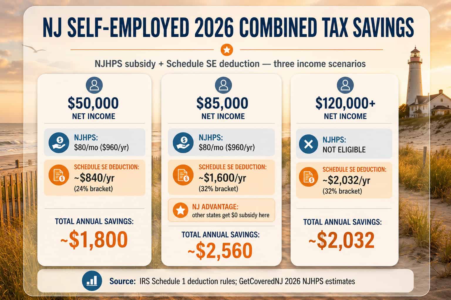 Alt: New Jersey 2026 self-employed health insurance tax savings diagram showing NJHPS and Schedule SE deduction combined savings at three income levels