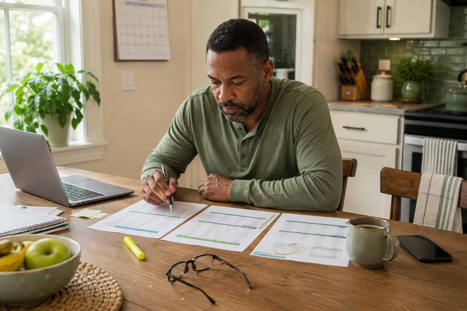 Person comparing PPO, HMO, EPO and POS health plan types at a kitchen table