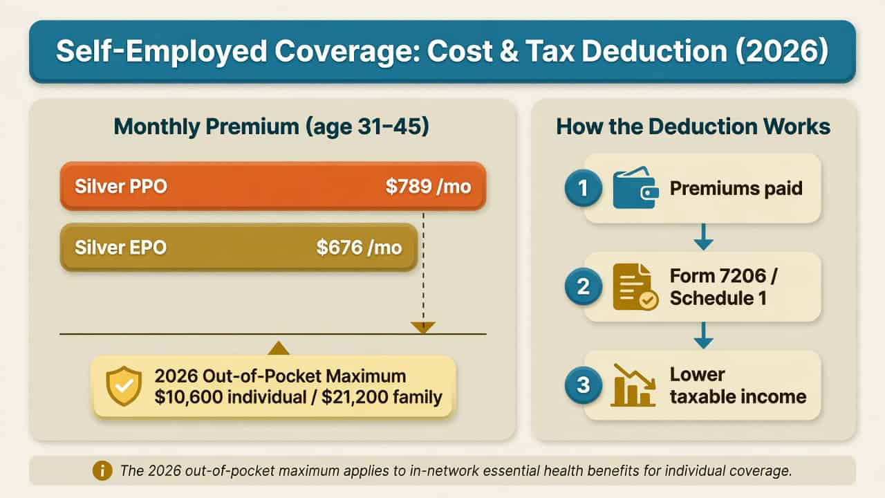 Monthly premiums for self-employed health insurance plans in 2026.
