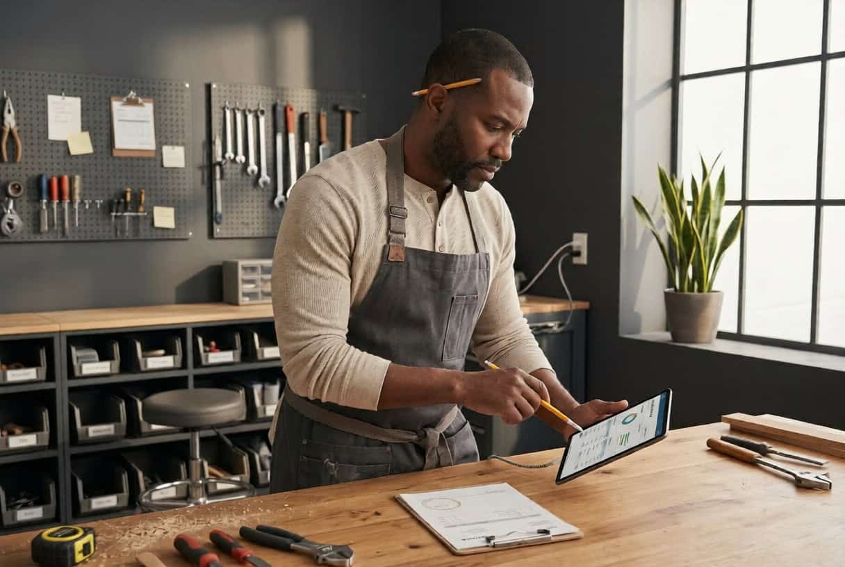 Man working on tablet in workshop with tools and equipment.
