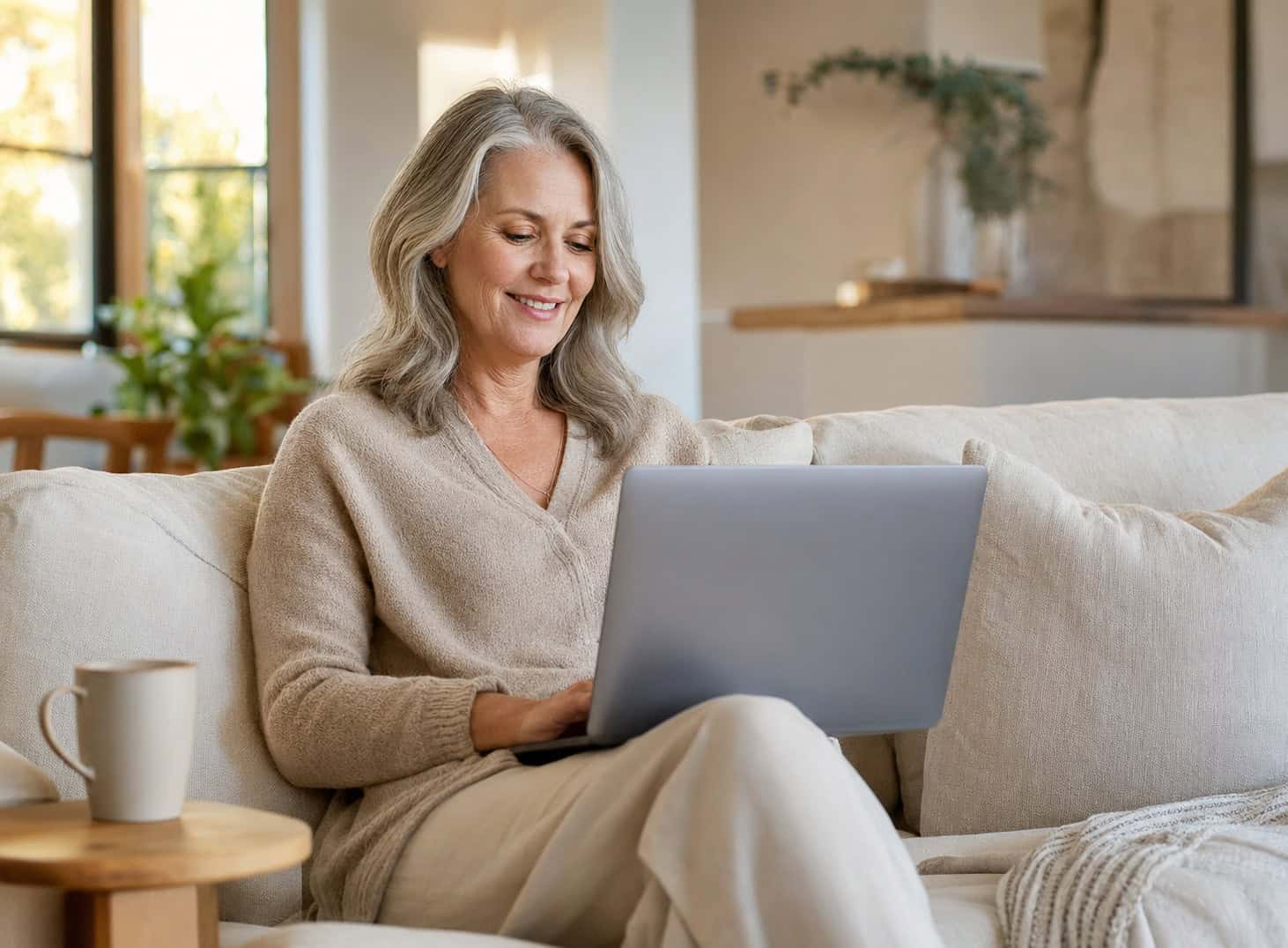 A woman sitting on her sofa at home, comparing health insurance plans on a laptop