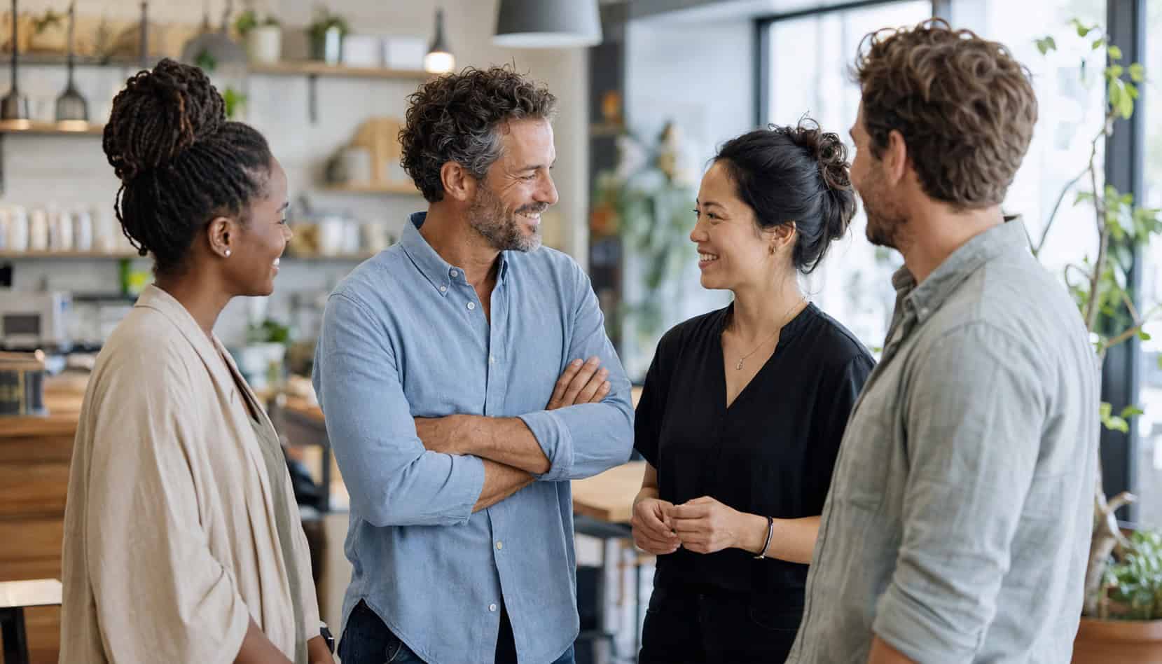 A small business owner with their team, who could be covered by a group plan