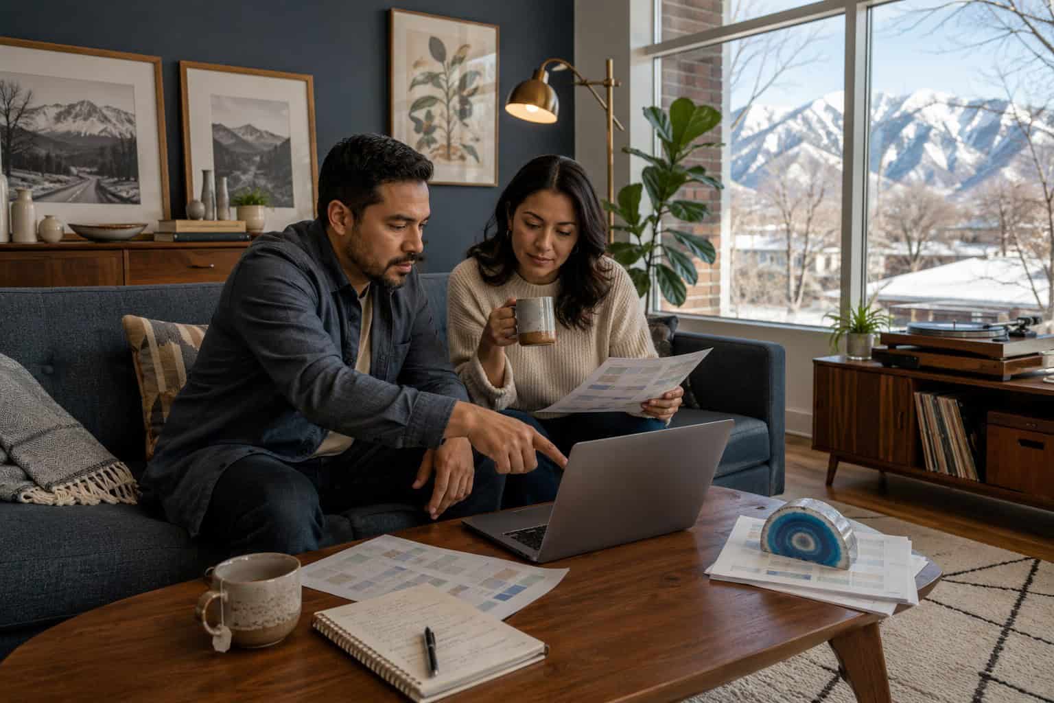 Salt Lake City Utah couple reviewing 2026 health insurance plans in their Sugar House mid-century living room