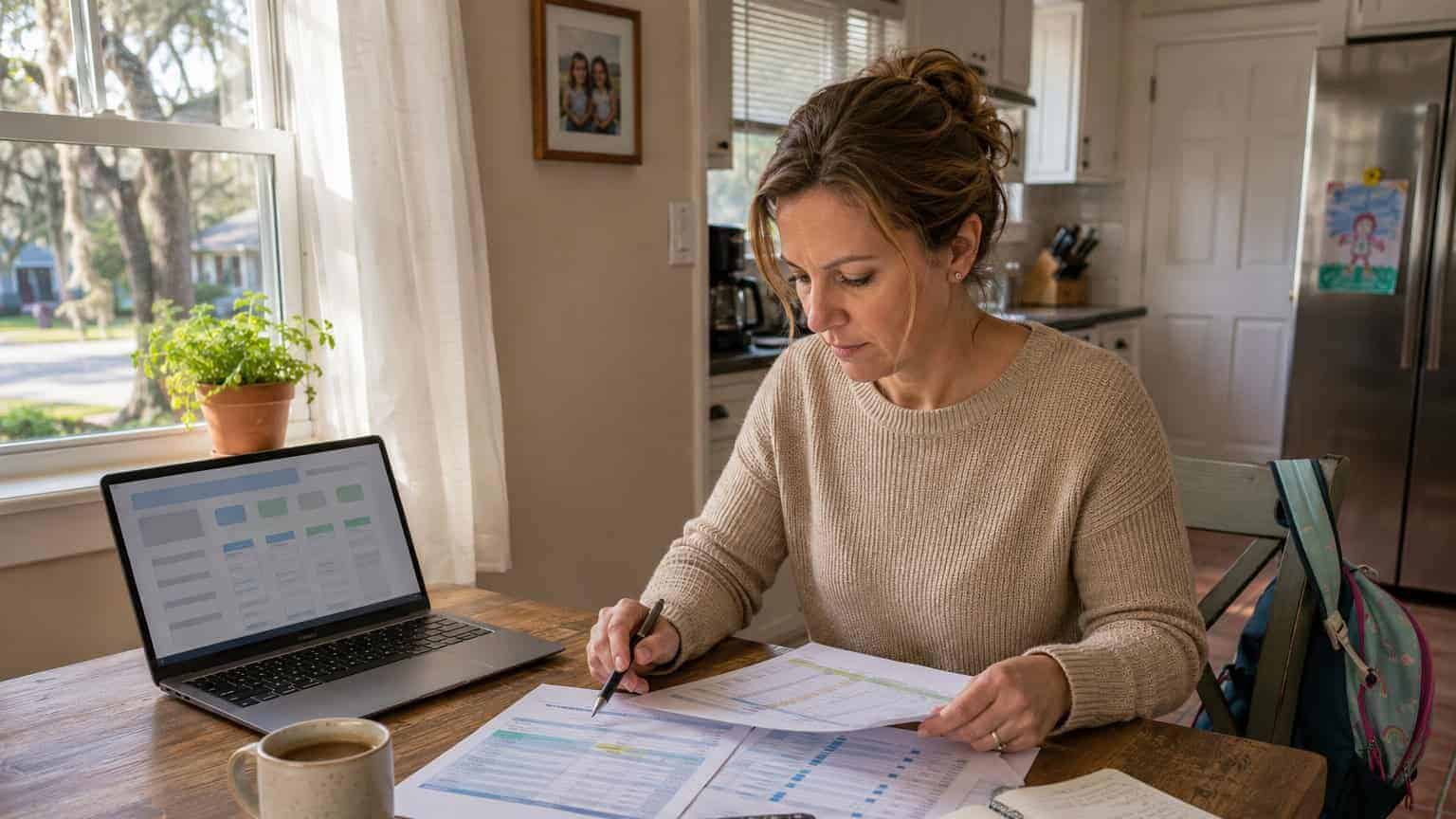 Woman working on health insurance documents at home with laptop and calculator.