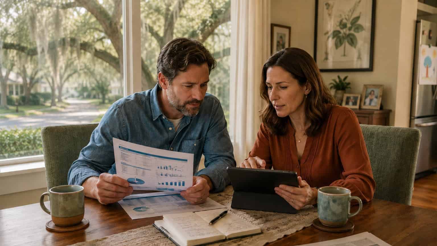 Couple reviewing health insurance plans at home with documents and tablet.