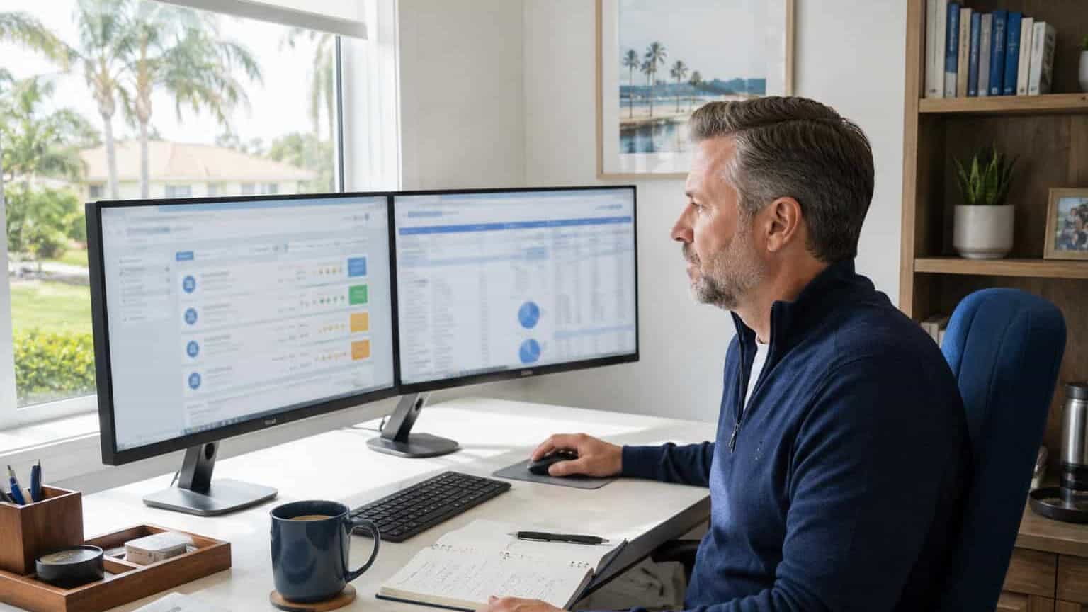 Man working on dual computer monitors with health insurance data.