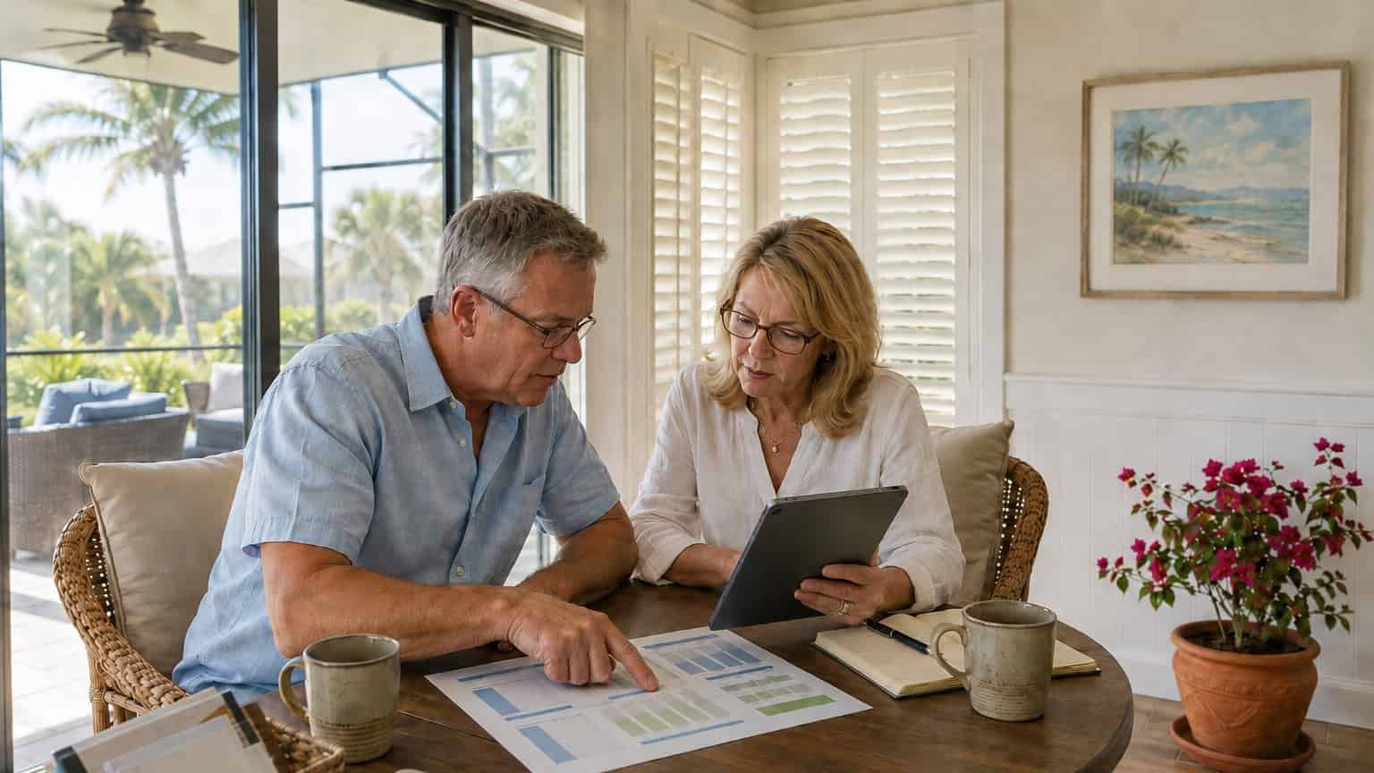 Older couple discussing health insurance plans at home.
