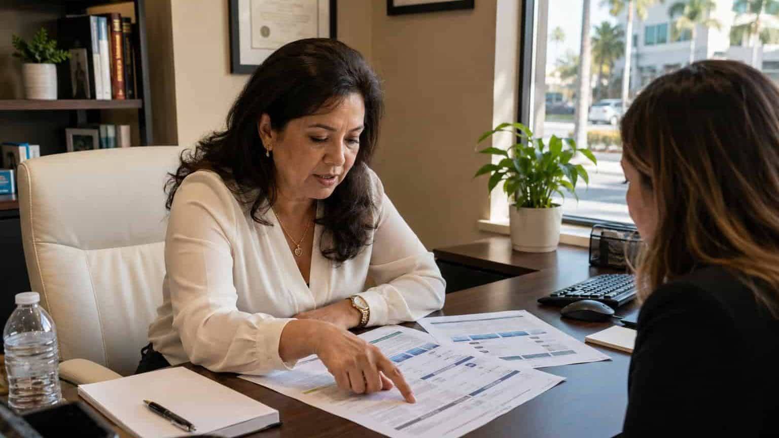 Woman discussing health insurance options with advisor in office.