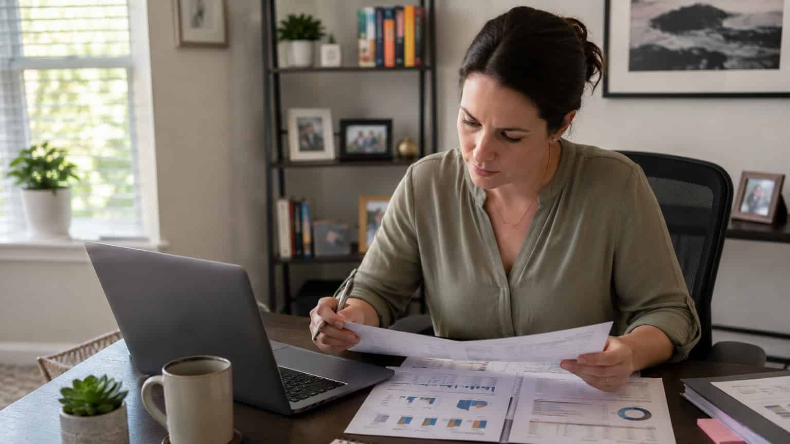 Businesswoman reviewing financial reports at her desk with a laptop and coffee.