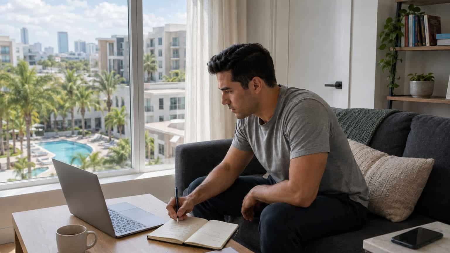 Man working on laptop at home with view of pool and cityscape.