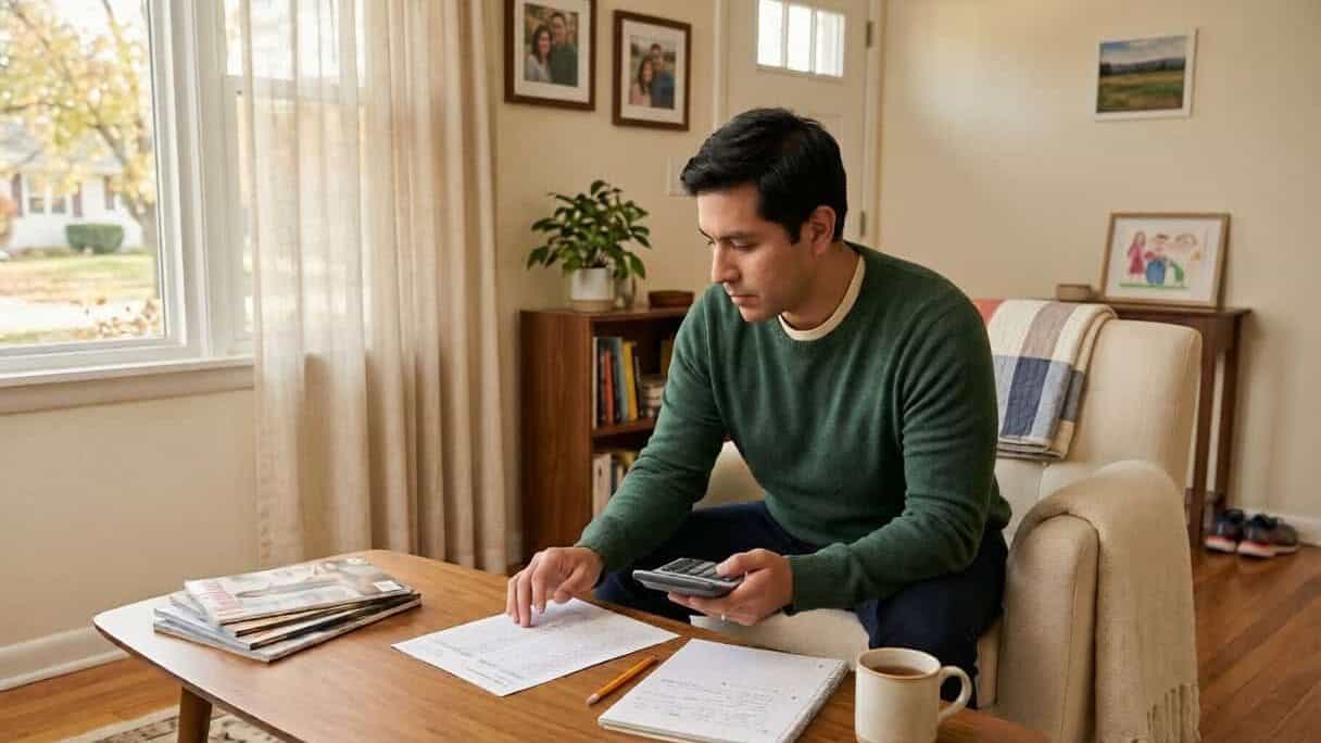 Illinois resident at a Peoria living room desk reviewing 2026 health insurance budget paperwork with a calculator