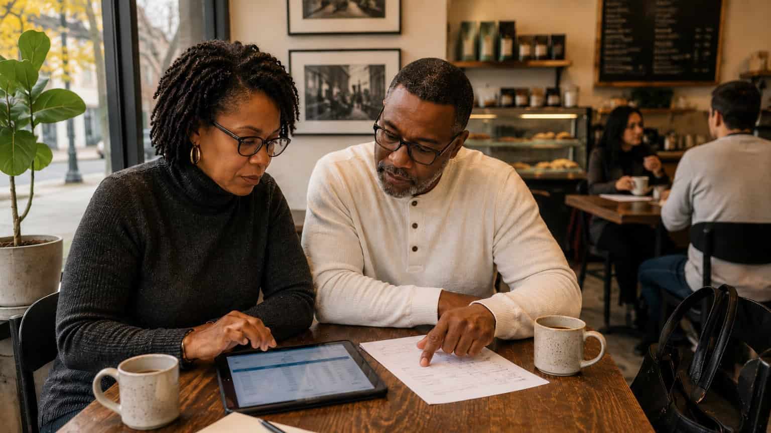 Illinois couple at an Evanston cafe table comparing 2026 health insurance carrier options on a tablet and printed worksheet