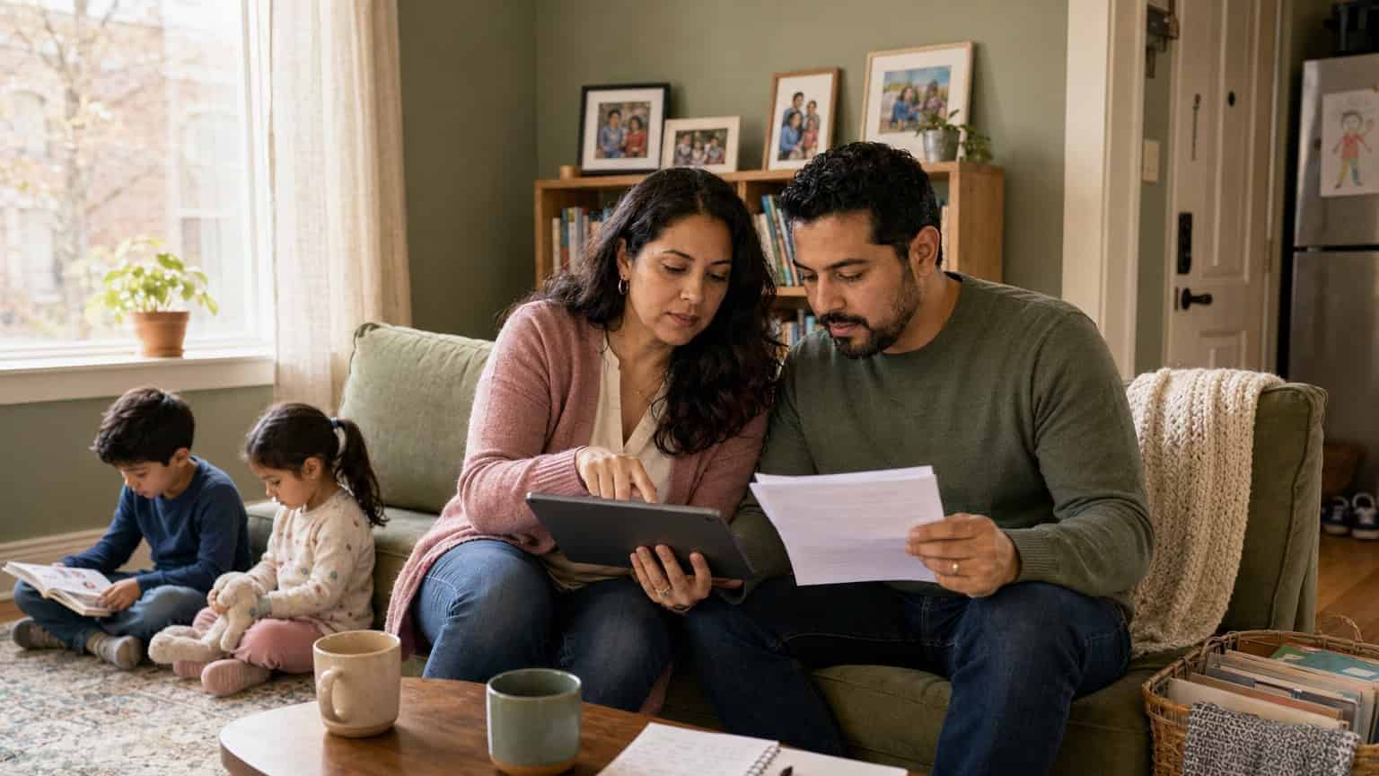 Illinois family at a Rogers Park living room couch reviewing 2026 All Kids and marketplace coverage options on a tablet