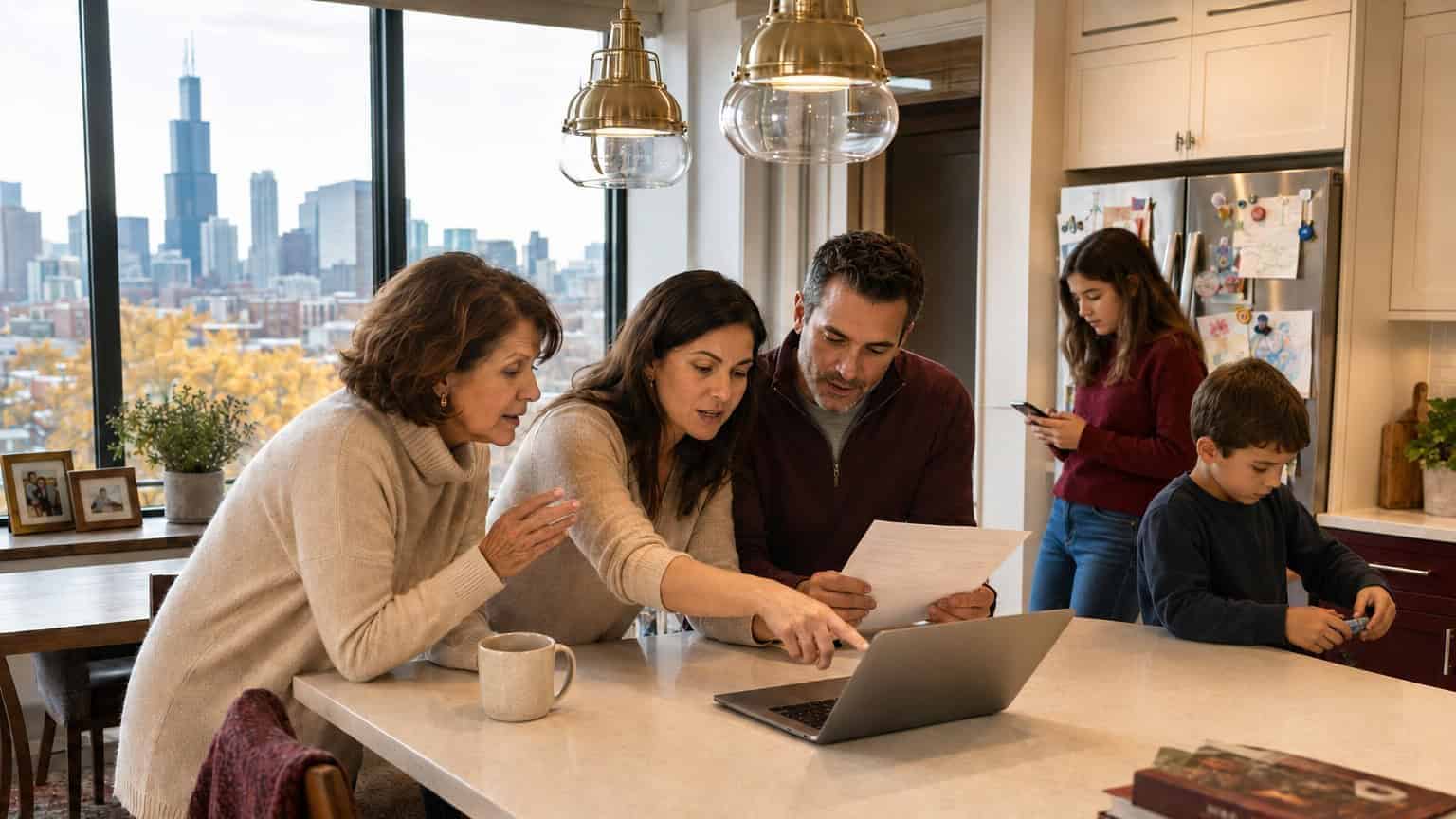 Multigenerational Illinois family at a kitchen island reviewing 2026 health insurance options with Chicago skyline beyond