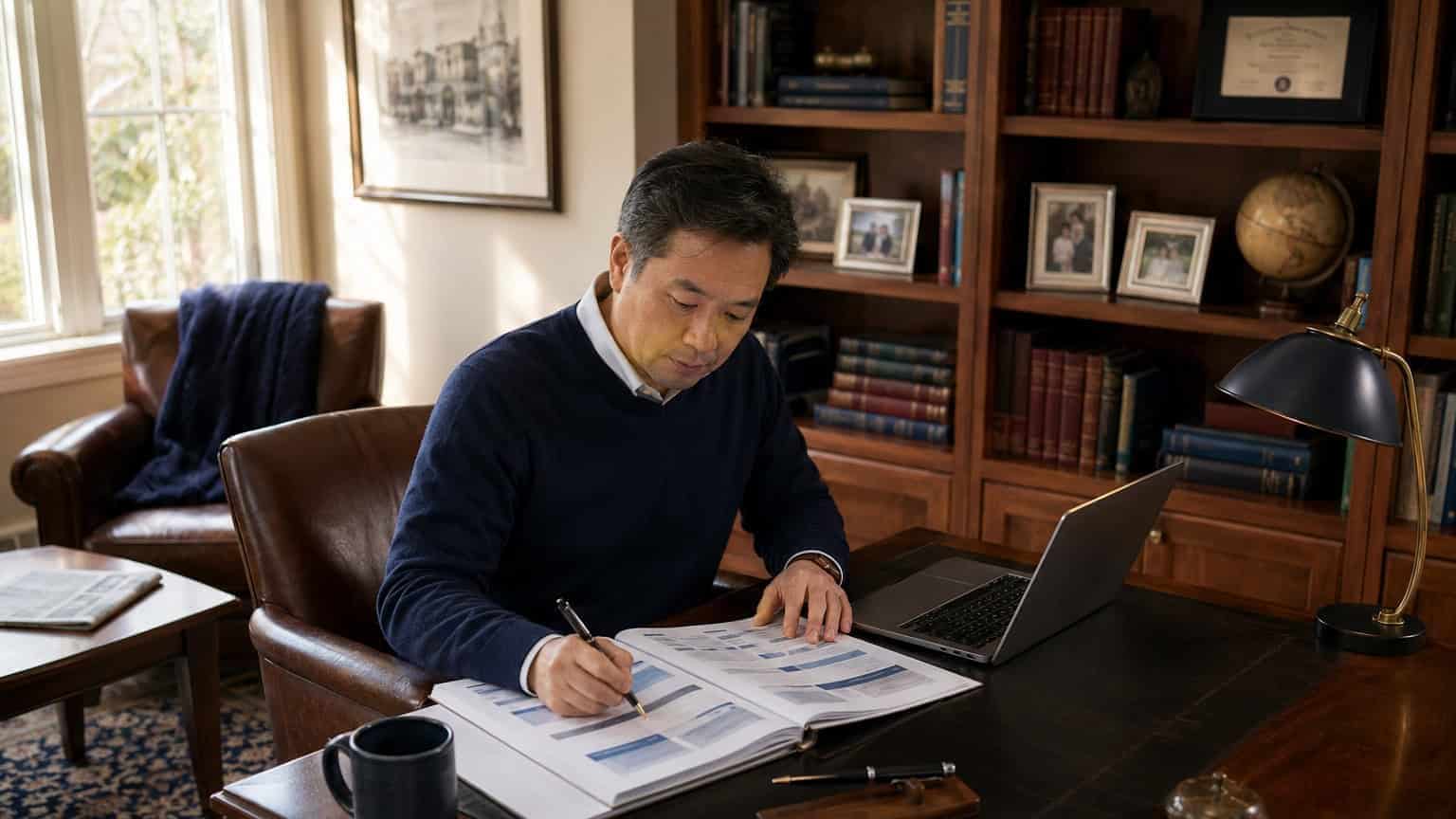 Illinois resident at a Highland Park home office reviewing 2026 private off-exchange medical insurance options