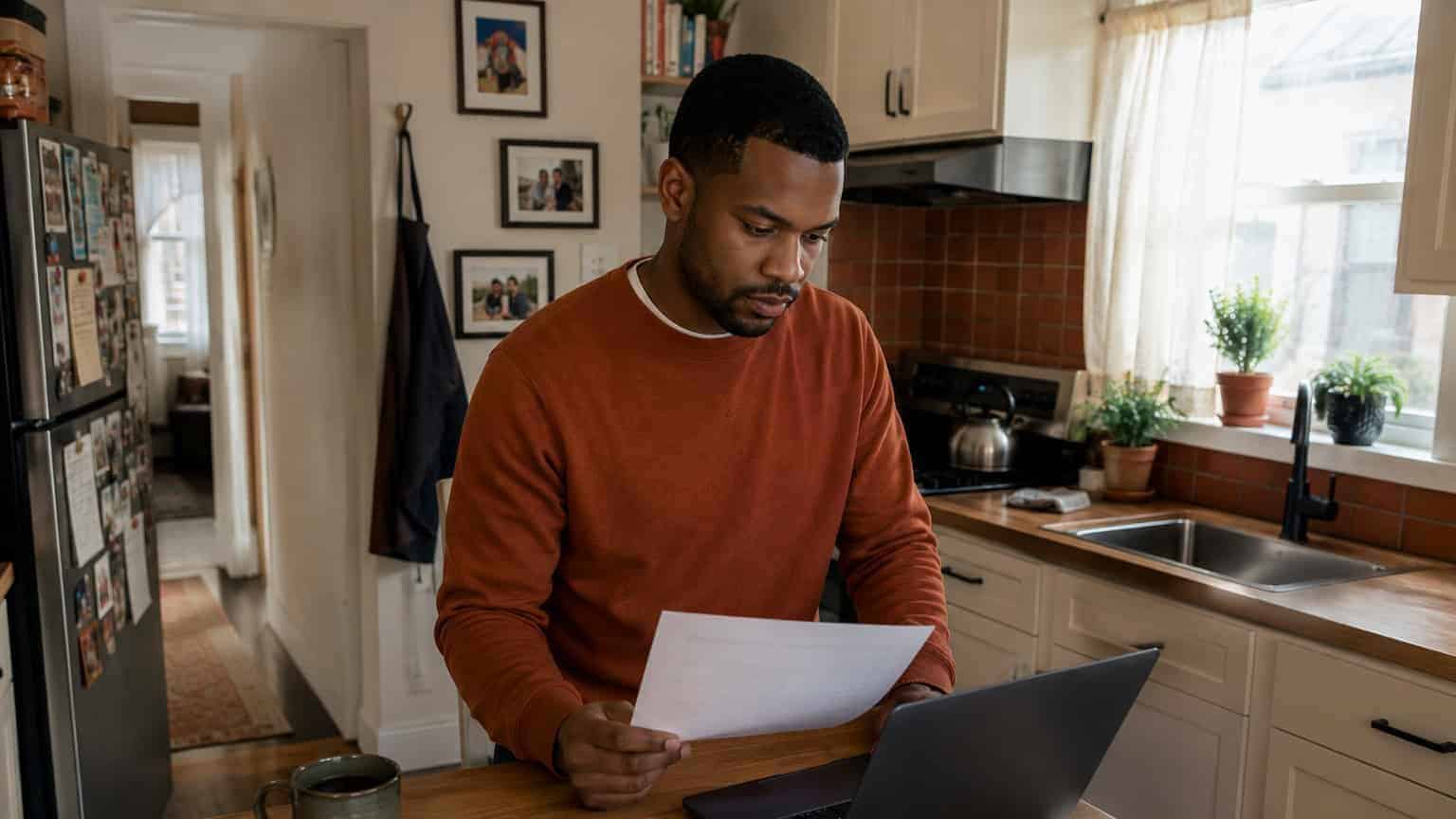 Illinois resident at a Berwyn kitchen counter researching 2026 short-term health insurance options between jobs