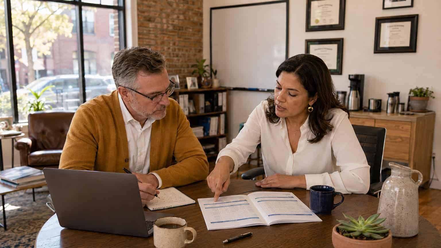 Illinois small business owners reviewing 2026 group health insurance options at an Oak Park office conference table